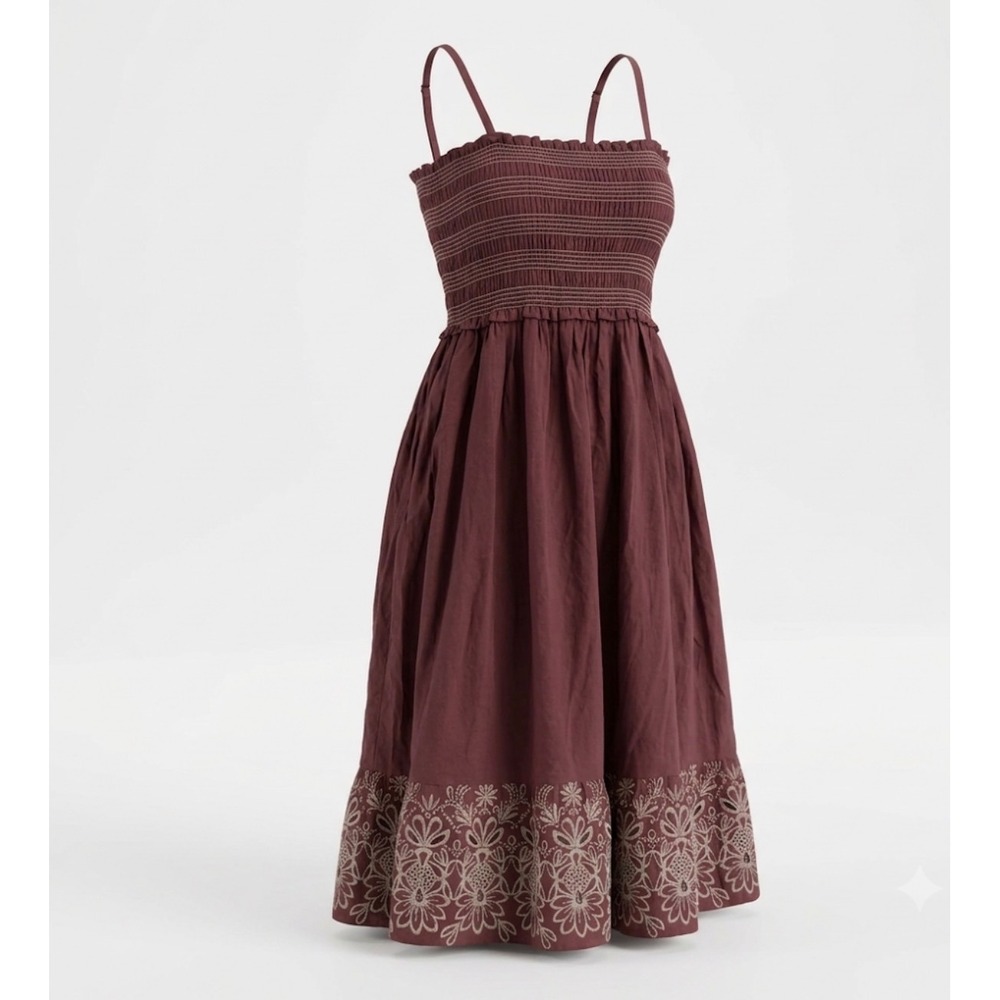 VTG Y2K Boho Cotton NWT Tube Smocked Midi Dress Embroidered Eyelet M Whimsigoth